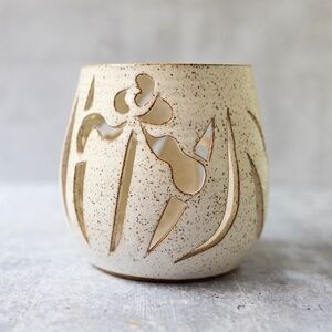 Signed studio pottery candle lantern iris flowers floral luminary ceramic 5.25"